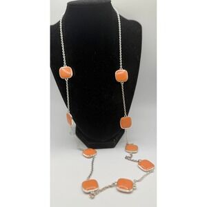 Silver Tone Long Necklace Orange Cabochon Style Stones 36"